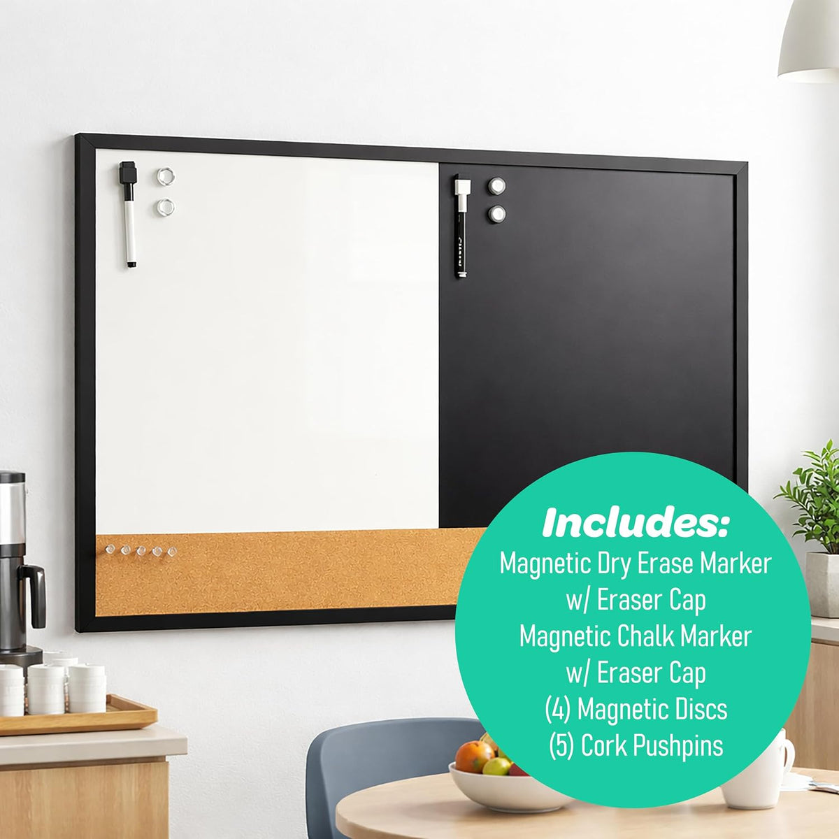 Flipside Products 3-in-1 Magnetic Dry Erase Board, Magnetic Chalkboard & Cork Bar Combo, 24” x 36” Large Framed Organizer for Home, Office & Classroom, Includes Markers, Magnets & Push Pins