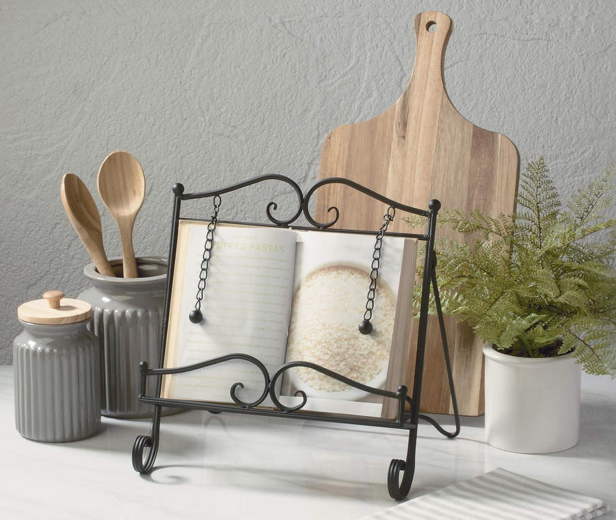 TRIPAR Swirl Design Black Metal Cookbook Stand for Cookbooks, Recipe Holders, Tablets, Catalogs, Portable, Adjustable, Free Standing