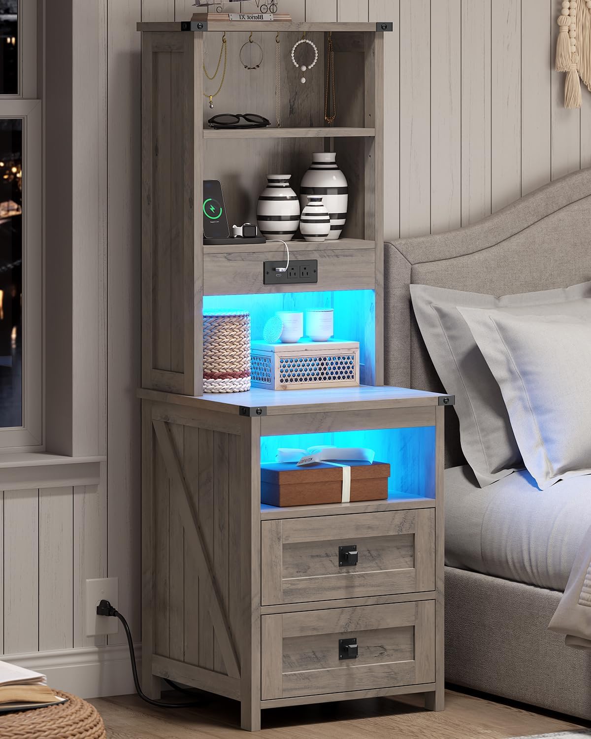 Farmhouse Tall Nightstand with Charging Station and 2 Drawers,Led Night Stand with Bookshelf,Bedside End Side Table with 6 Hooks and Storage Shelves for Bedroom,Grey