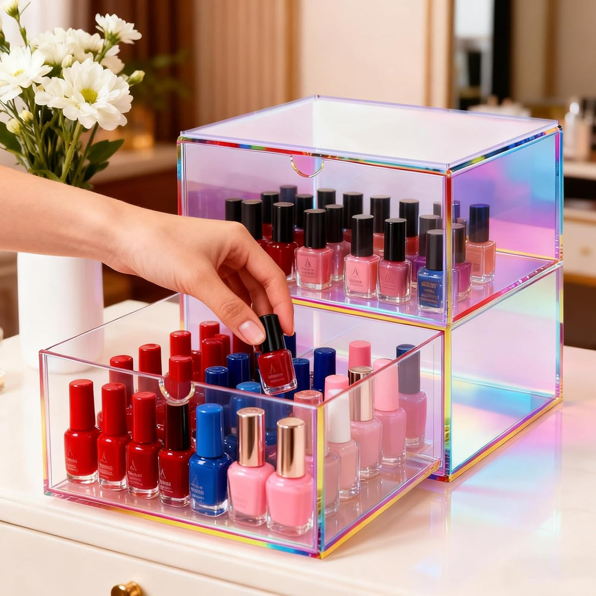 Acrylic Desk Organizer with Drawers Stackable Makeup Organizer for Vanity Office Countertop Cosmetic Display Cases Makeup Storage Box, Iridescent Rainbow