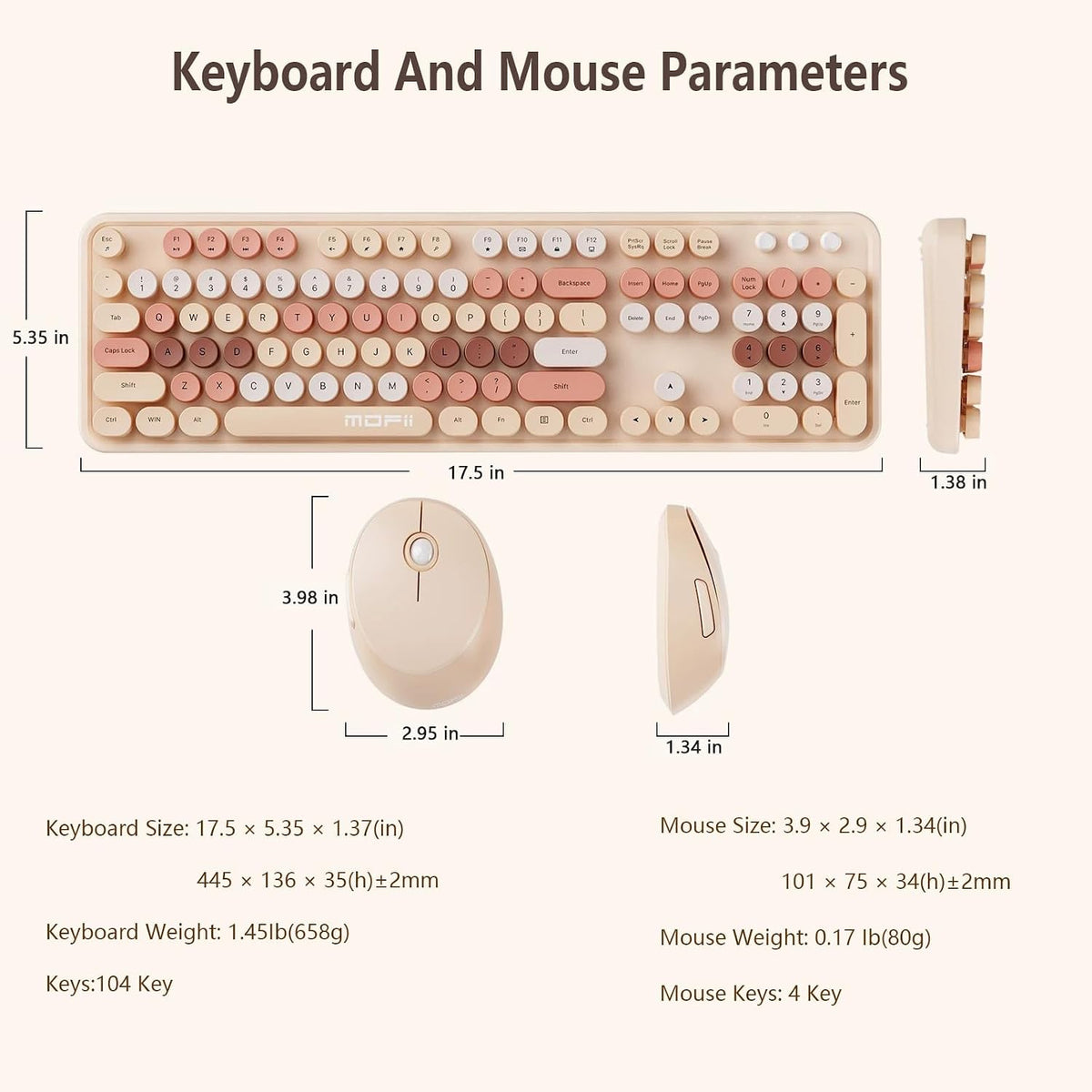 Wireless Keyboard and Mouse Combo, Retro Typewriter Style Keyboard with Round Keycaps, 2.4GHz Dropout-Free Connection Mouse with,Computer PC Desktops Laptop WindowsxP/7/8/10 (Brownish Tea Color)