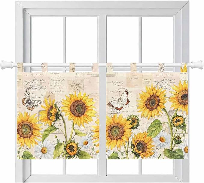 Yellow Sunflowers Kitchen Curtains 24 Inch Length, Small Window Curtains Tab Top