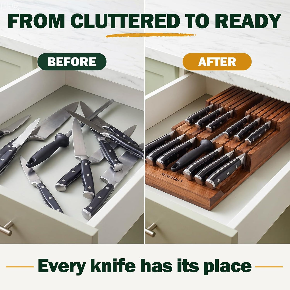 In-Drawer Knife Block without Knives, Acacia Wood Knife Drawer Organizer