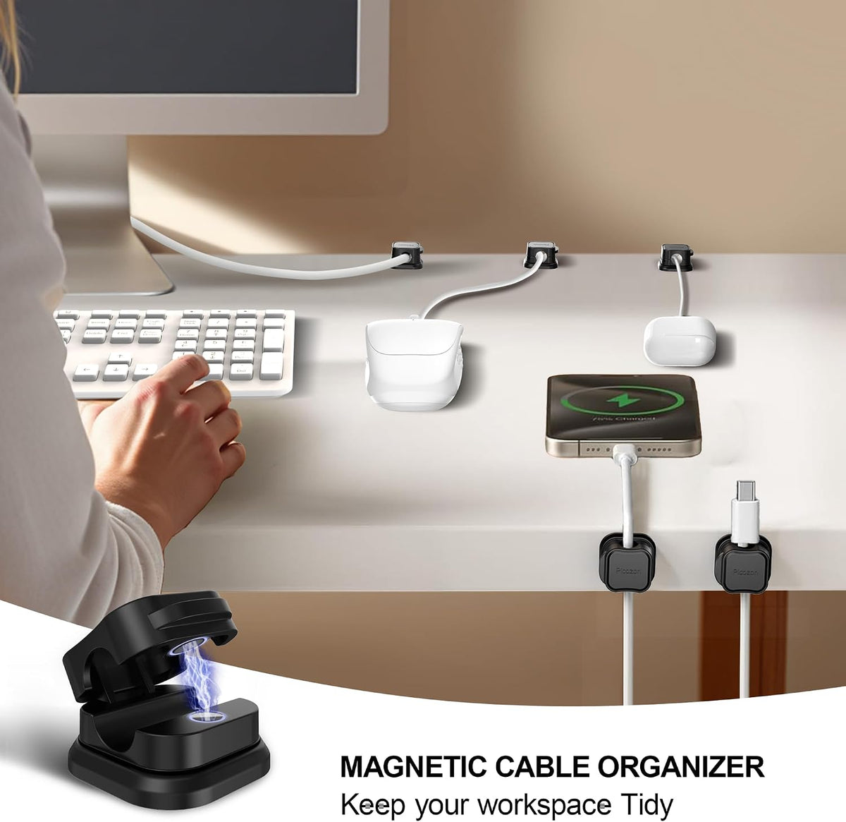 48 Pack Magnetic Cable Clip Organizer Cord Holder, Picozon Adhesive Cable Management, Wire Phone USB Charger Cable Holder, Keeper Organizer for Office Home Desktop Table - Black
