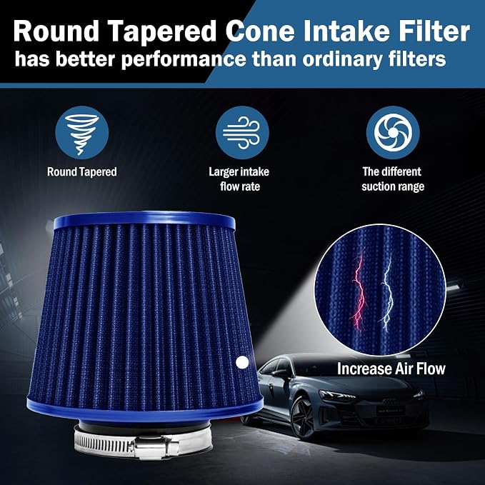 Universal Clamp-On Air Intake Filter, High Performance, Washable Filter