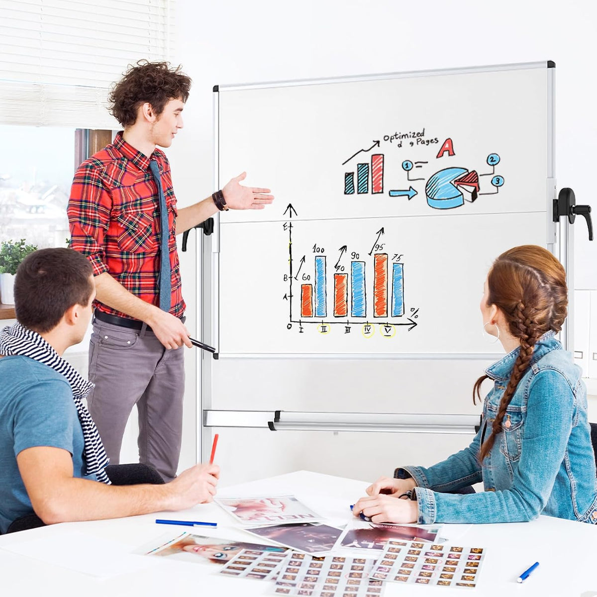 VIZ-PRO Rolling Whiteboard, 48" x 36" Mobile White Board with Stand