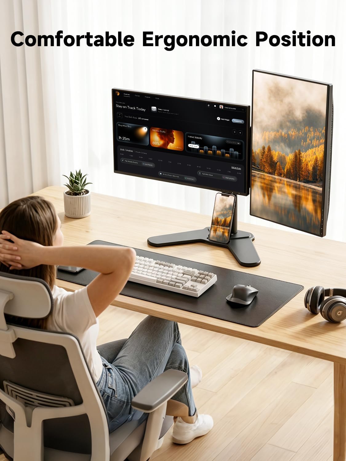 Bracwiser Dual Monitor Stand Mount, Free-Standing Full Motion Monitor Desk Mount for Two 13-32 inch, 15.43lbs, Adjustable Angle Height Monitors Arm, Desk Stand, Ergonomic L Feet, Black (ML7442)
