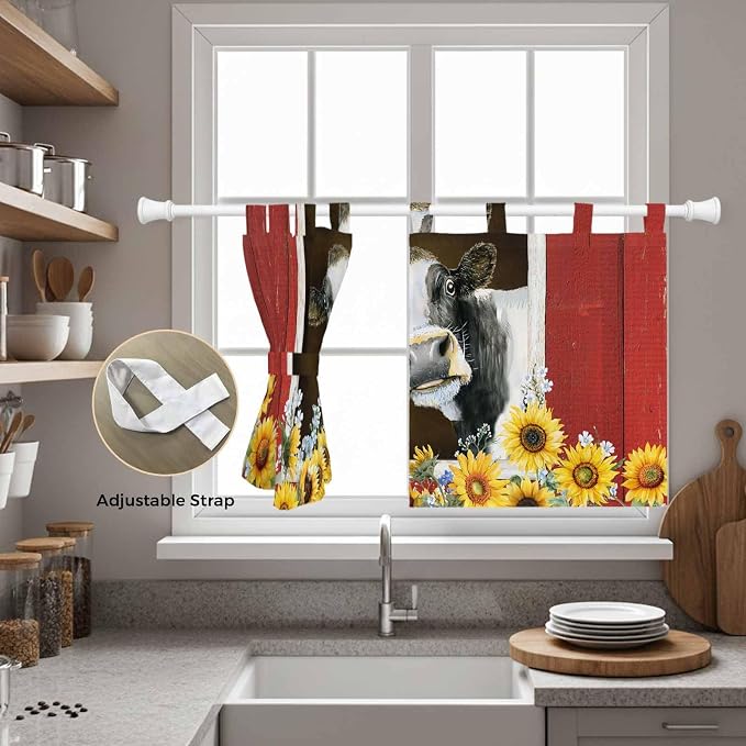 Cows Sunflowers Kitchen Curtains 36 Inch Length, Small Window Curtains Tab Top