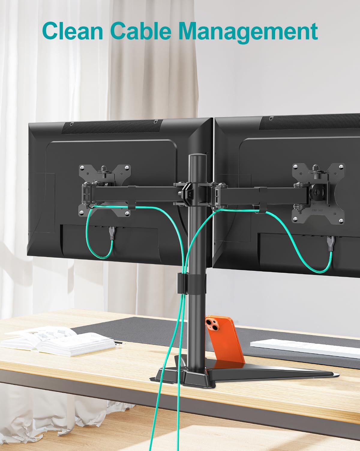 MOUNT PRO Dual Monitor Stand, Free-Standing Full Motion Monitor Desk Mount Fits 2 Screens up to 27 inches,17.6lbs with Height Adjustable, Swivel, Tilt, Rotation, VESA 75x75 100x100, Black