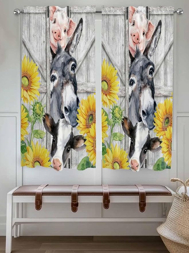 Farmhouse Bedroom Curtains 63 Inches length, Watercolor Sunflowers Animals