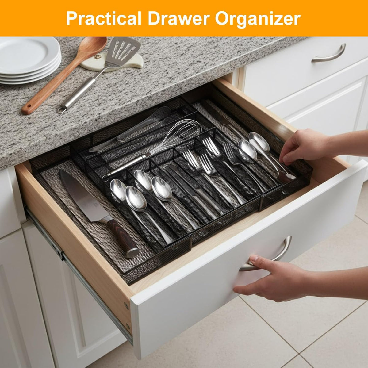 1 Pcs Utensil Drawer Silverware Organizer, Metal Mesh, Black