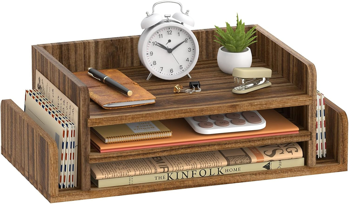Wooden Desk Organizer, 3-Tier Paper Trays with 2 Mail Sorters, Dark Brown