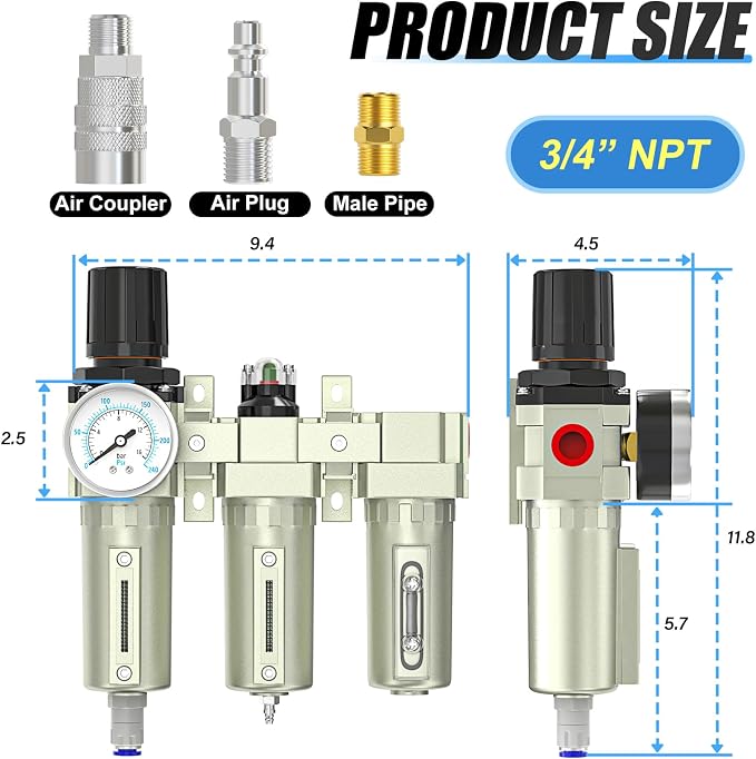 3/4" NPT Heavy Duty Industrial Grade 3 Stage Air Drying System, Auto Drain
