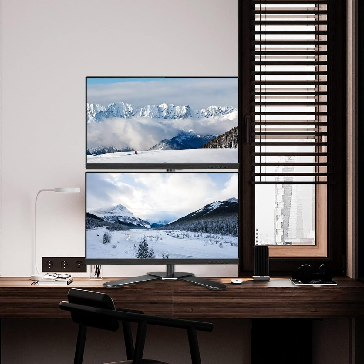 Suptek Dual LED LCD Monitor Stand up Free-Standing Desk Mount for 2 / Two Screens up to 32 inch Extra Tall 31.5 inch Pole Heavy Duty Fully Adjustable Stand Vertical Array (ML6802)