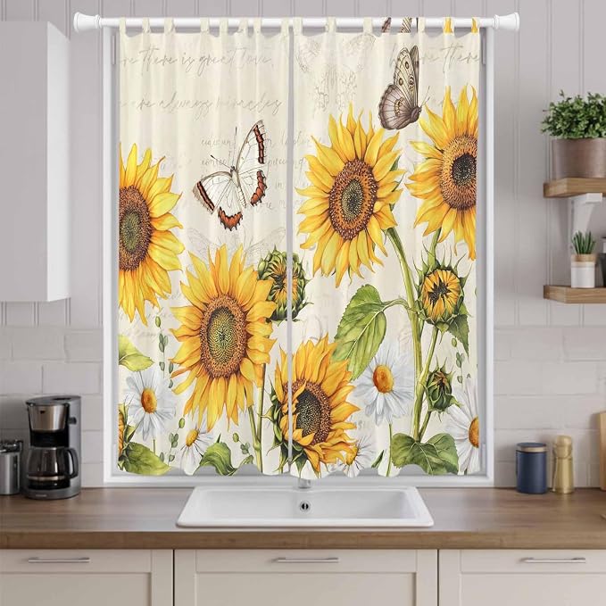 Farm Sunflowers Living Room Curtains 96 Inch Length, Window Curtains Tab Top