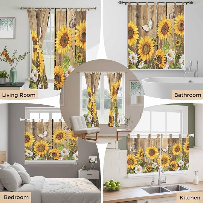 Farmhouse Sunflowers Living Room Curtains 84 Inch Length, Window Curtains Tab