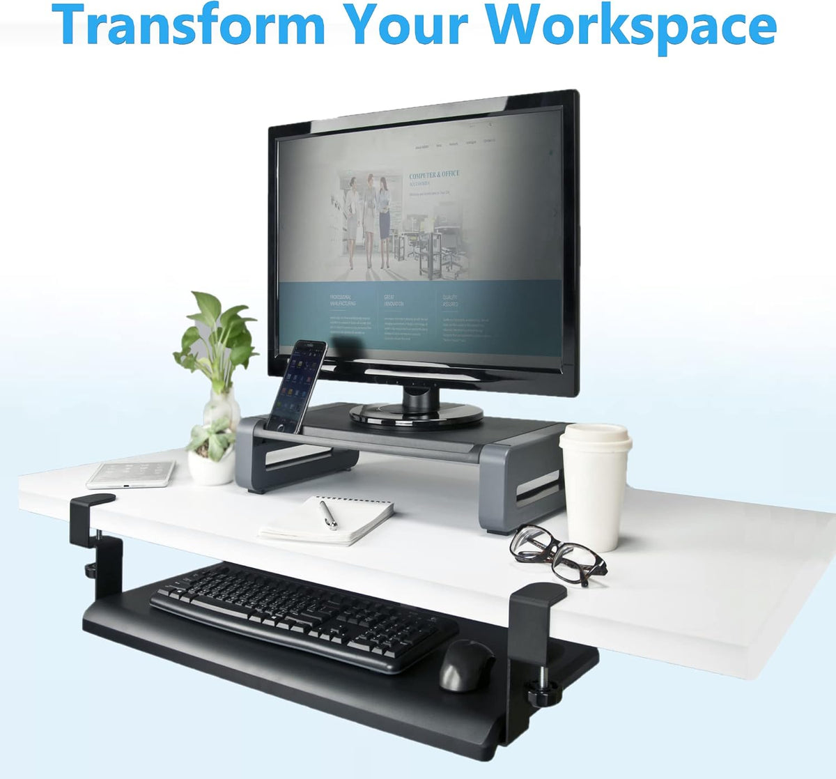 Max Smart Clamp On Keyboard Tray Under Desk, Keyboard Drawers, Keyboard Platforms, 20inch, Easy Assembly, Slide-Out Platform Computer Drawer for Typing