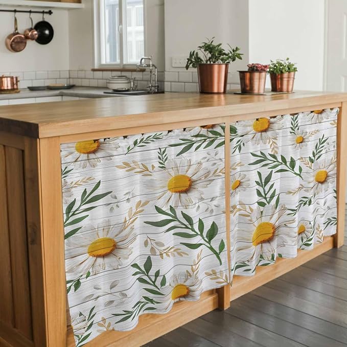 Spring Daisy Tier Curtains, Farmhouse Country Flower Leaf Plant Wood Grain