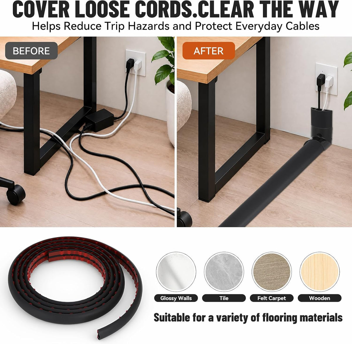 Floor Cord Cover Self Adhesive Cord Hider, Cable Management, Extension Strip Protector for Wires (Black, 1.18" x 20')