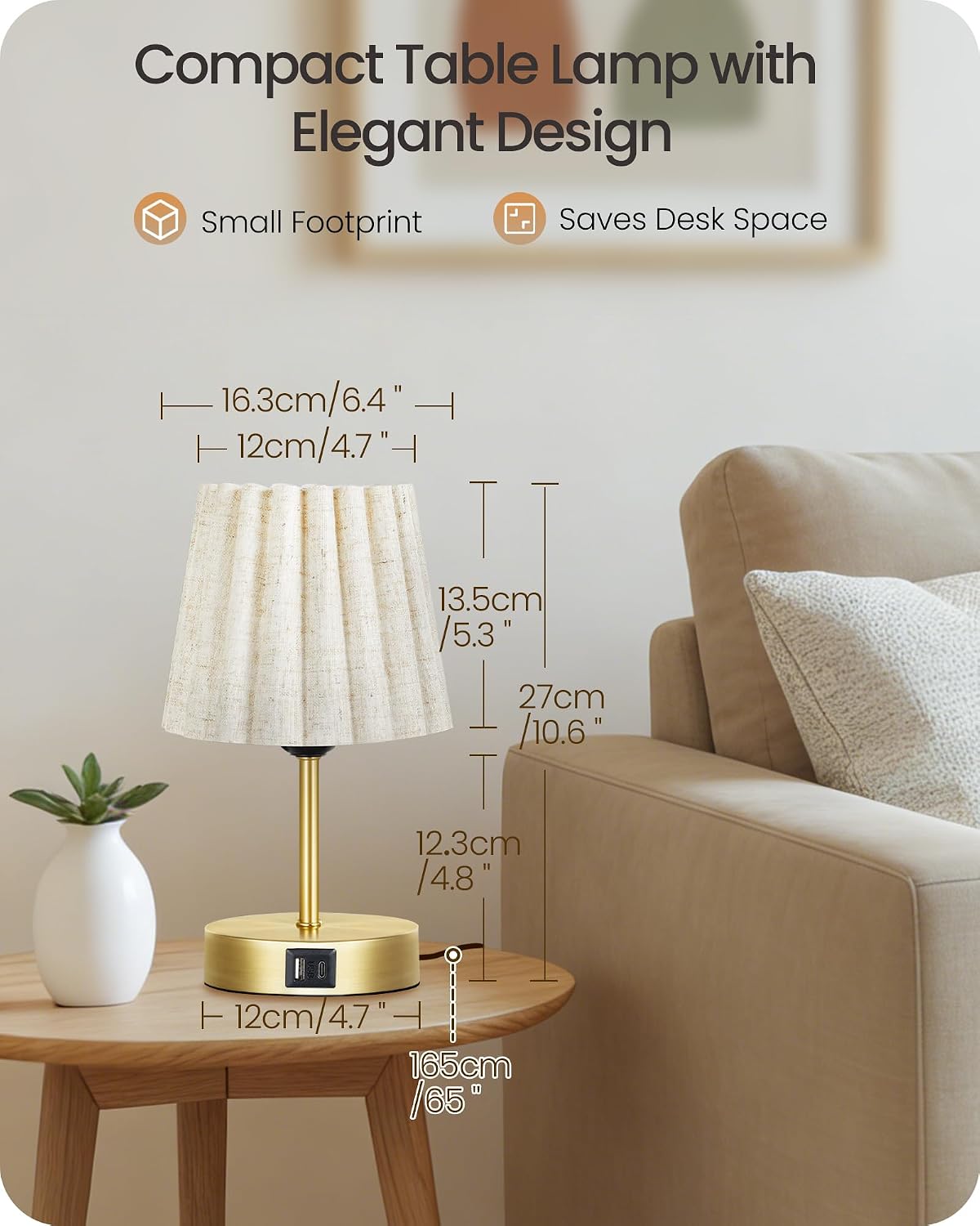 Small Bedside Table Lamp, Touch Dimmable Table Lamp with USB Ports, Nightstand Lamp with a Stepless Dimming LED Bulb, E26 Base, for Bedroom, Study, Desk, Gold and Beige DE16TL05