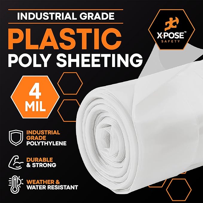 Xpose Safety Clear Plastic Sheeting – 20' x 100' Roll – Heavy Duty 4 Mil Poly Sheet – Waterproof, Dustproof, Vapor Barrier – for Construction, Painting, Industrial Us