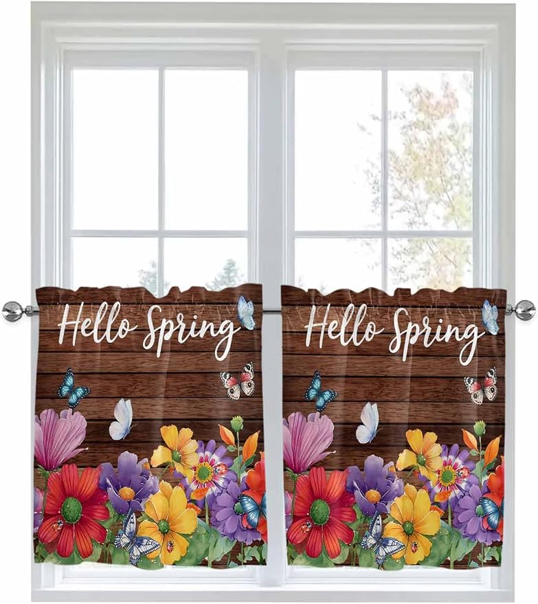 Spring Flowers Half Window Curtain 36 Inches Long, Watercolor Farmhouse