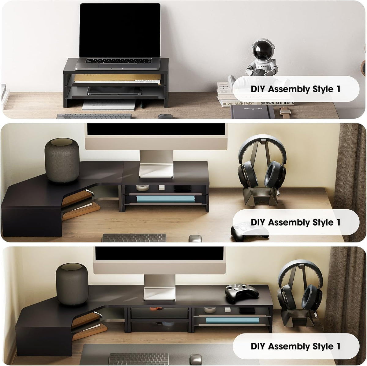 Fenge 14.3-Inch Monitor Stand with Slide-Out Trays, Wood & Metal Desk Shelf