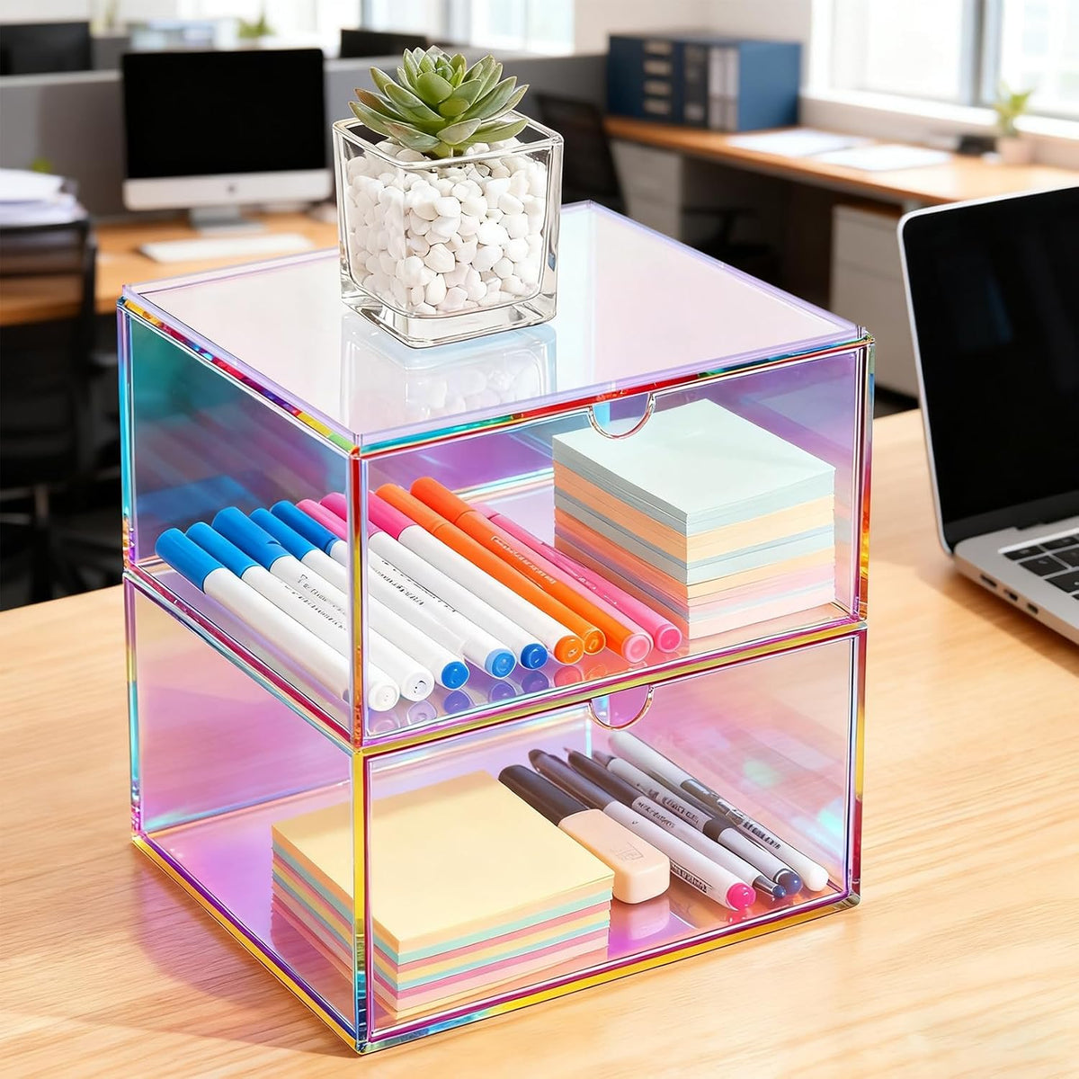 Acrylic Desk Organizer with Drawers Stackable Makeup Organizer for Vanity Office Countertop Cosmetic Display Cases Makeup Storage Box, Iridescent Rainbow