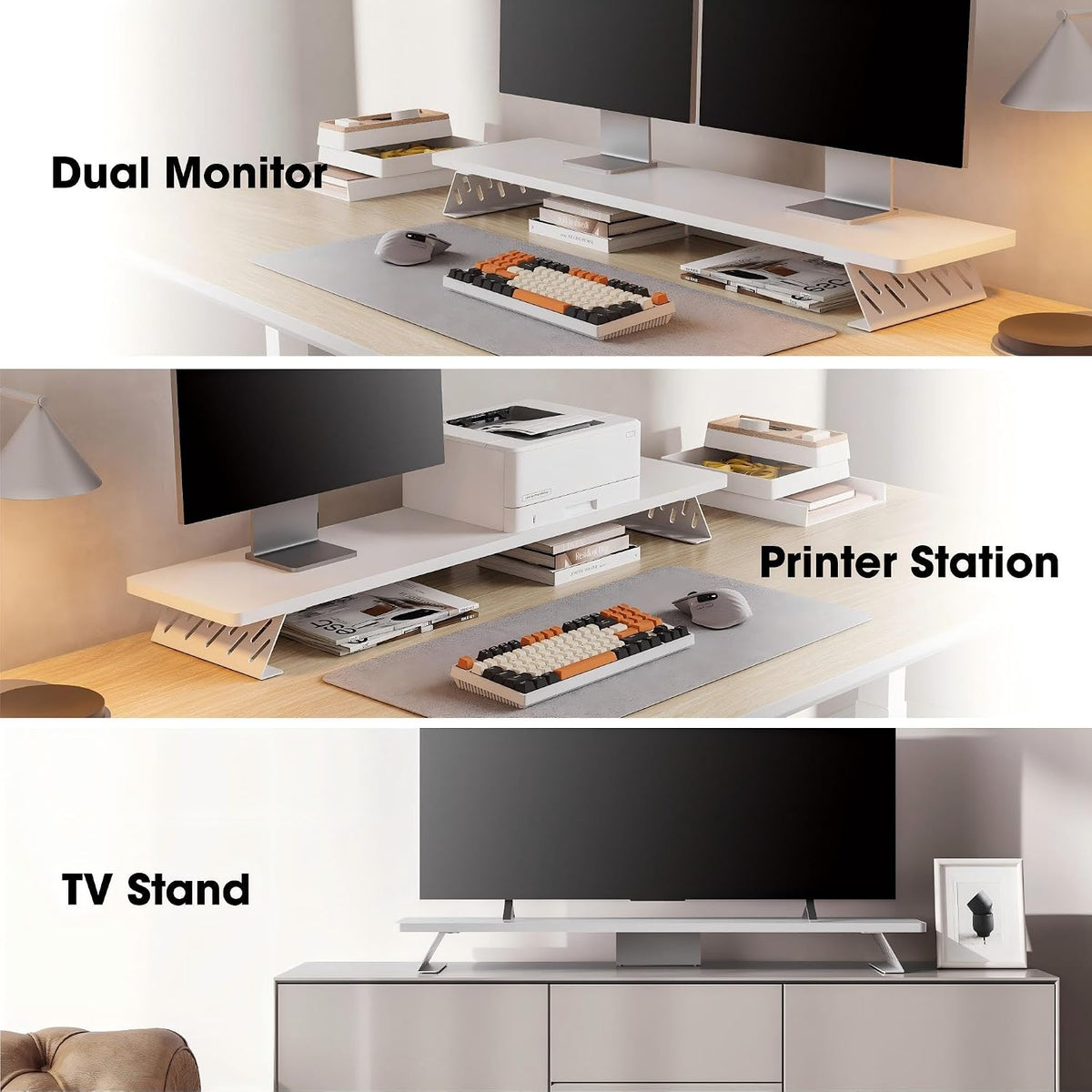 Fenge Monitor Stand Riser, Wooden & Metal Desk Shelf Organizer, White