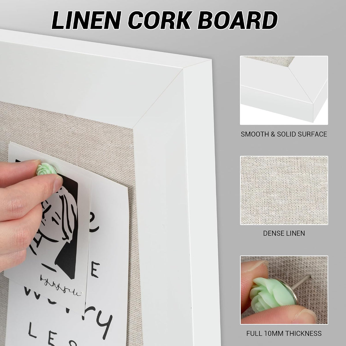 White Cork Board Bulletin Board with Linen, Wood Framed 30" x 20" Corkboard, Office Board for Wall Decor, Wall Mounted Pin Board Picture Board with 20 Pushpins for School, Home & Office
