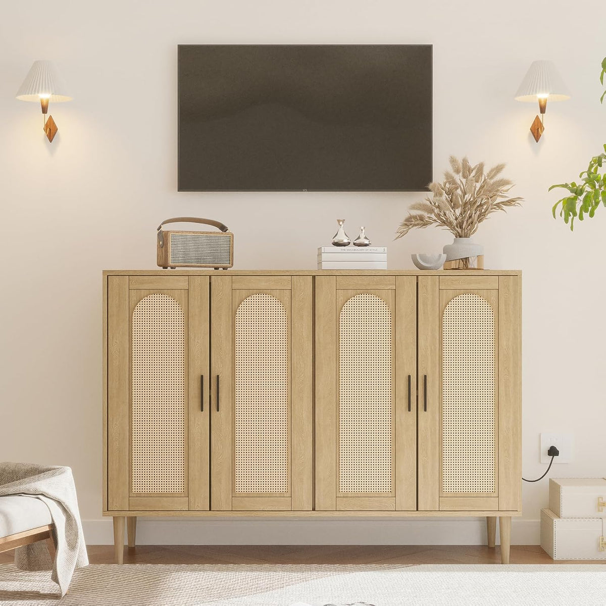 Patikuin Rattan Sideboard Buffet Cabinet, 4 Doors Accent Storage Cabinet, Console Table Coffee Bar with Power Outlet, Adjustable Shelves for Kitchen, Dining Room, Hallway, Living Room, Natural