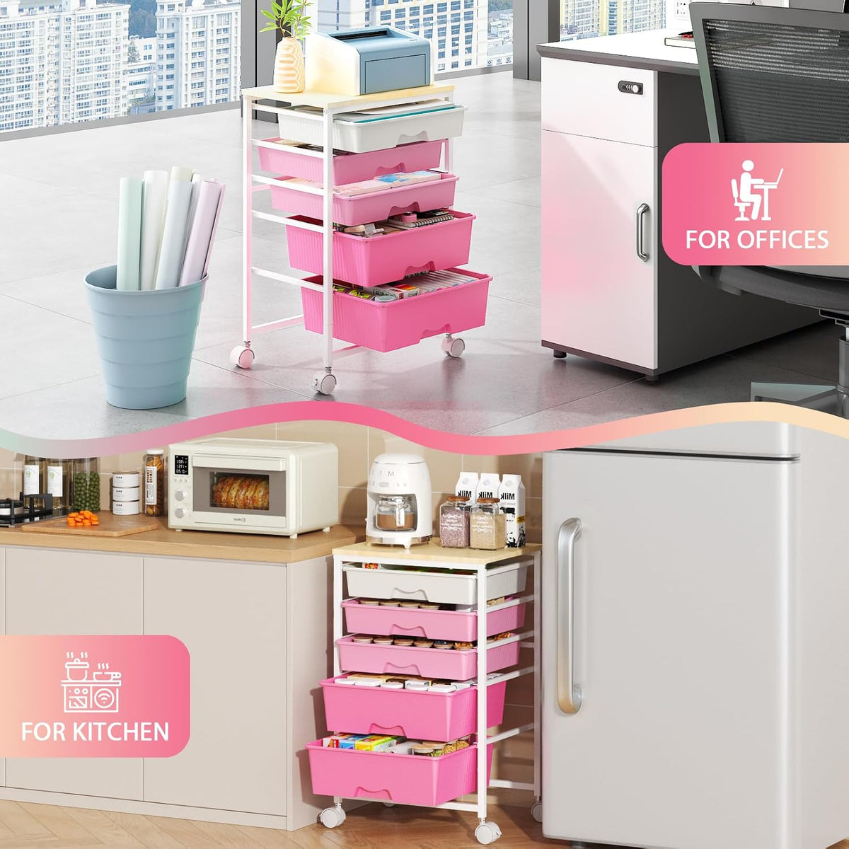 Goovilla Rolling Cart with 5 Drawers for Craft, Art, Dorm, Office, Pink