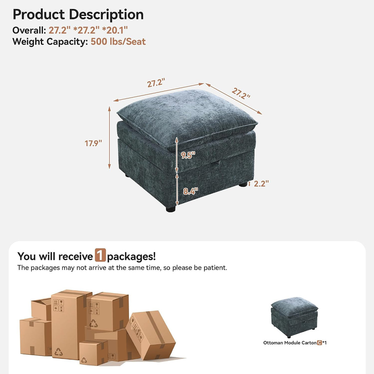 27" Large Square Ottoman with Storage, Modern Upholstered Footrest with Anti-Slip Legs for Couch Coffee Table Living Room, Bedroom, Entryway, Chenille Blue