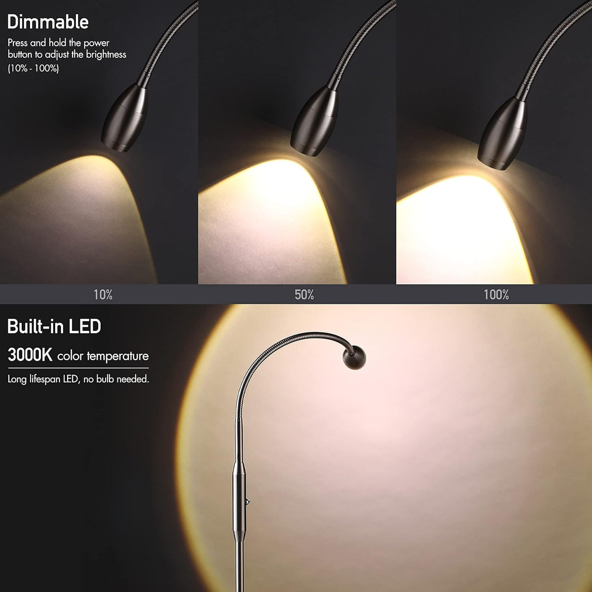 O’Bright Ray – Adjustable LED Beam Floor Lamp, Dimmable and Zoomable Spotlight, Flexible Gooseneck, Reading/Crafting Standing Lamp, Work Table Light, Brushed Nickel