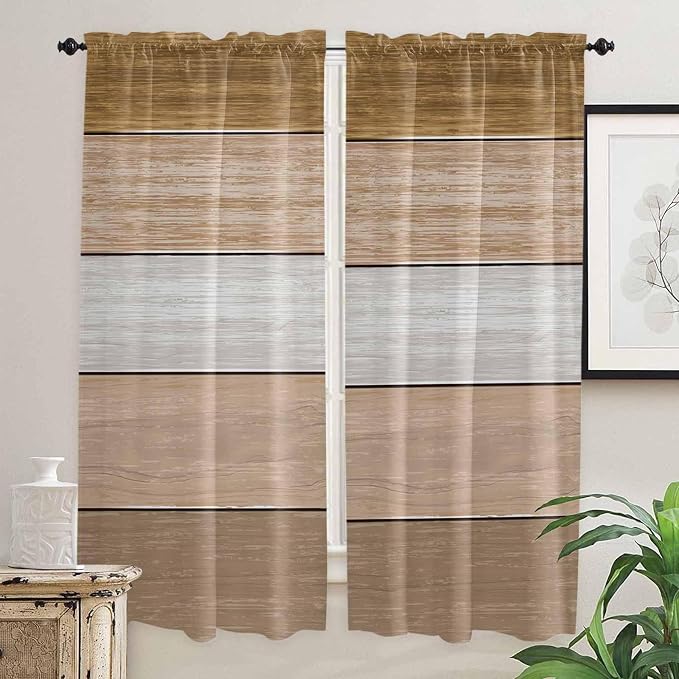 Retro Farm Wood Board Window Valance Curtains, 2 Panel