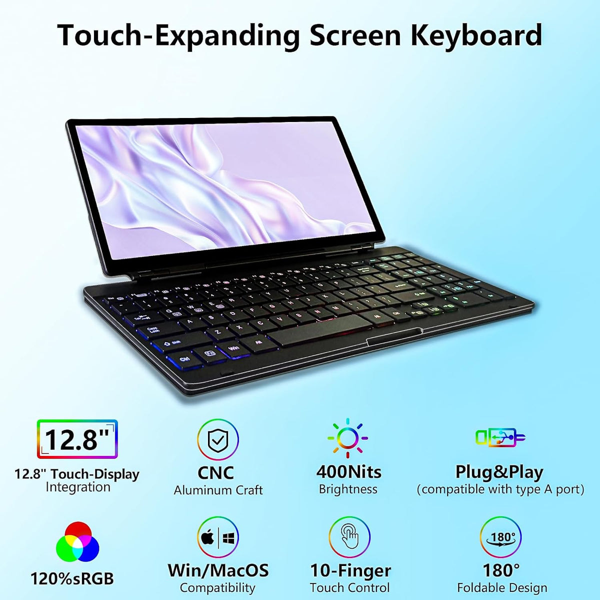 Portable Touchscreen Monitor with Silent Keyboard 12.8" Ultra-Slim Stretched Bar Screen Folding FHD 120% sRGB, USB-A/C Compatible Screen for Computers, Laptops, Mini PCs, Consoles