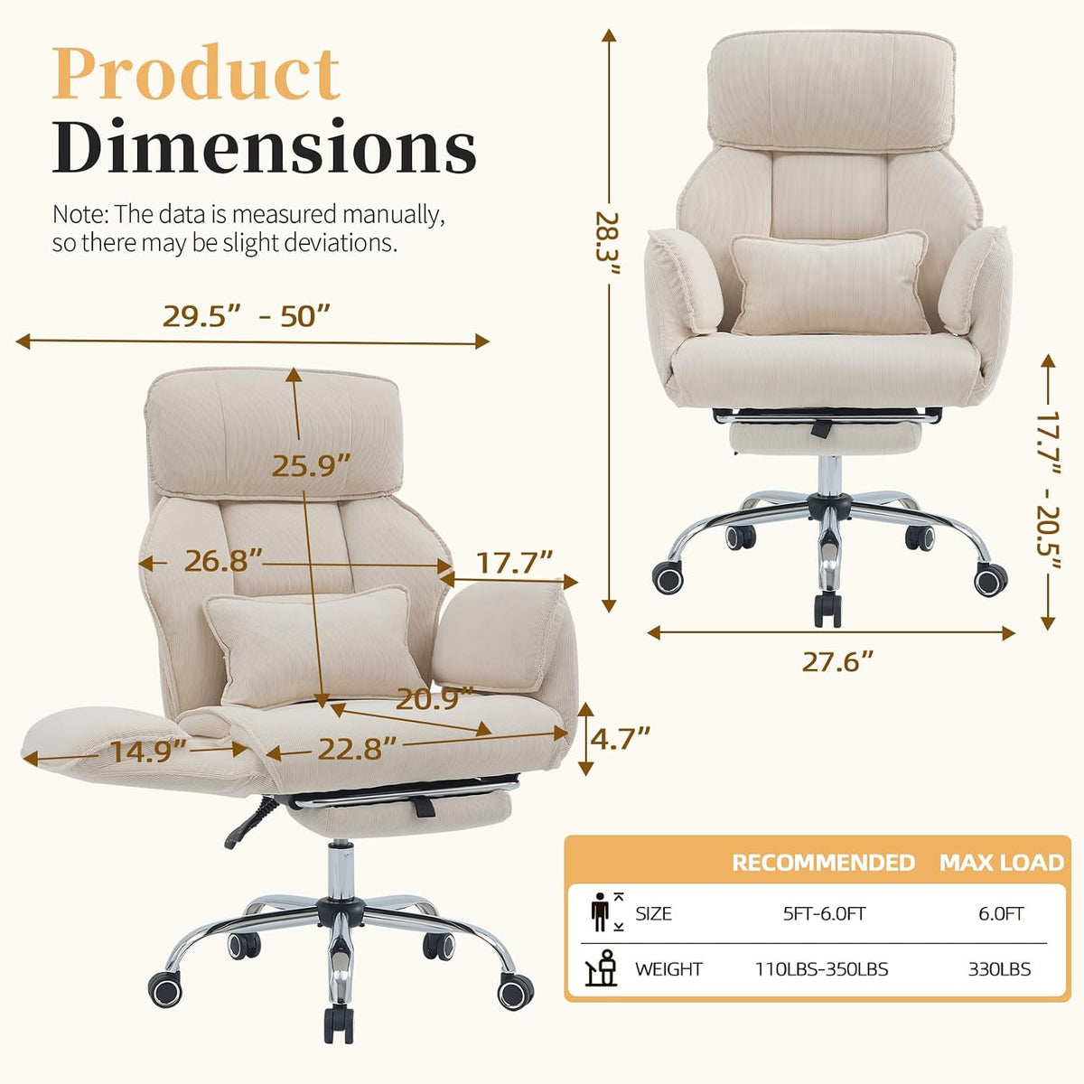 Criss Cross Office Chair with Footrest - 5-Gear Flat Armrests Corduroy Desk Chair, Reclining Wide Ergonomic Computer Chair with Lumbar Pillow, High Back Swivel Vanity Chair