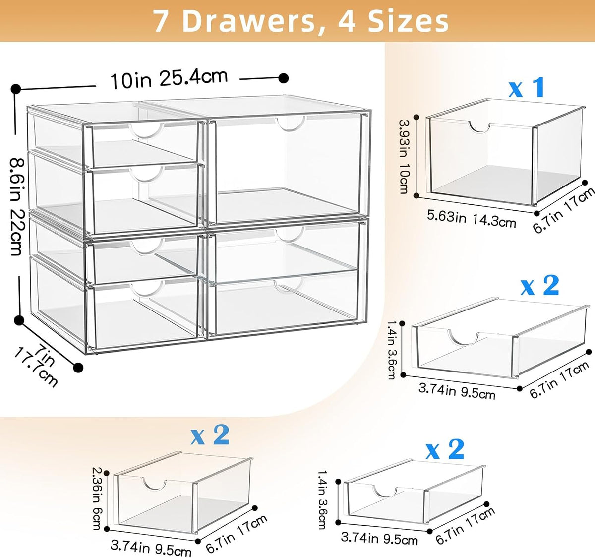 Stackable Storage Drawers, Acrylic Organizers,7 Drawers