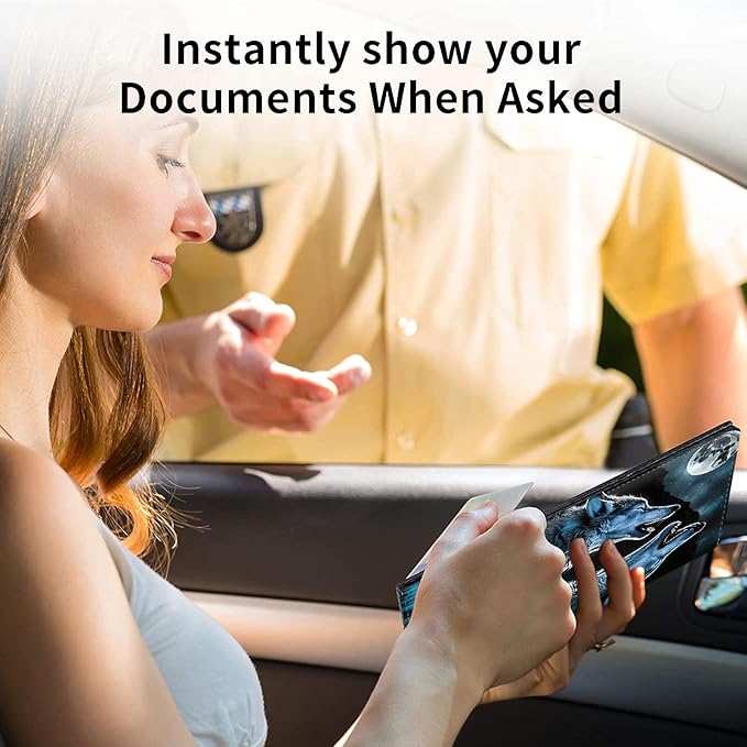 Car Registration and Insurance Holder, Leather Car Glove Box Organizer, Cool Car Accessories for ID, Driver's License Cards & Essential Document, business cards, Men&Women,Howling Wolf/Moon