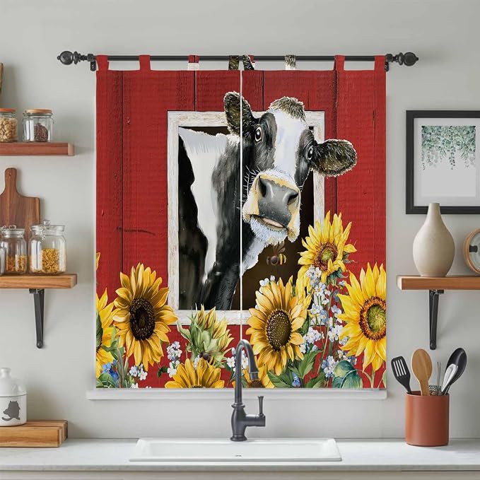 Cows Sunflowers Bathroom Curtains 63 Inch Length, Window Curtains Tab Top