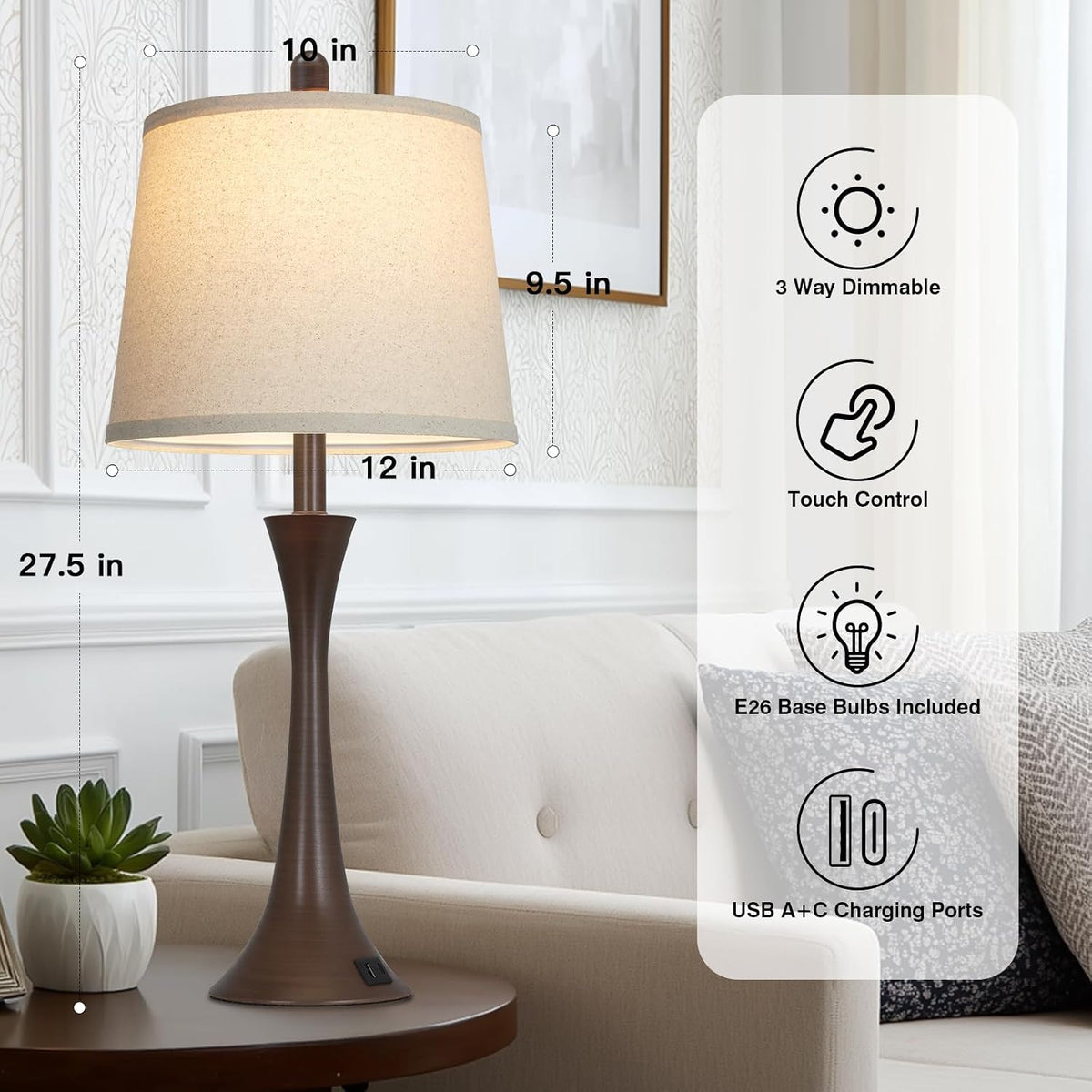 Rinweey 27.5" Table Lamps Set of 2, Touch Bedside Lamps with USB C+A Ports, 3 Way Dimmable Nightstand Lamps for Bedroom, Living Room, Office, Brown Lamp with Beige Lampshade, Bulbs Included