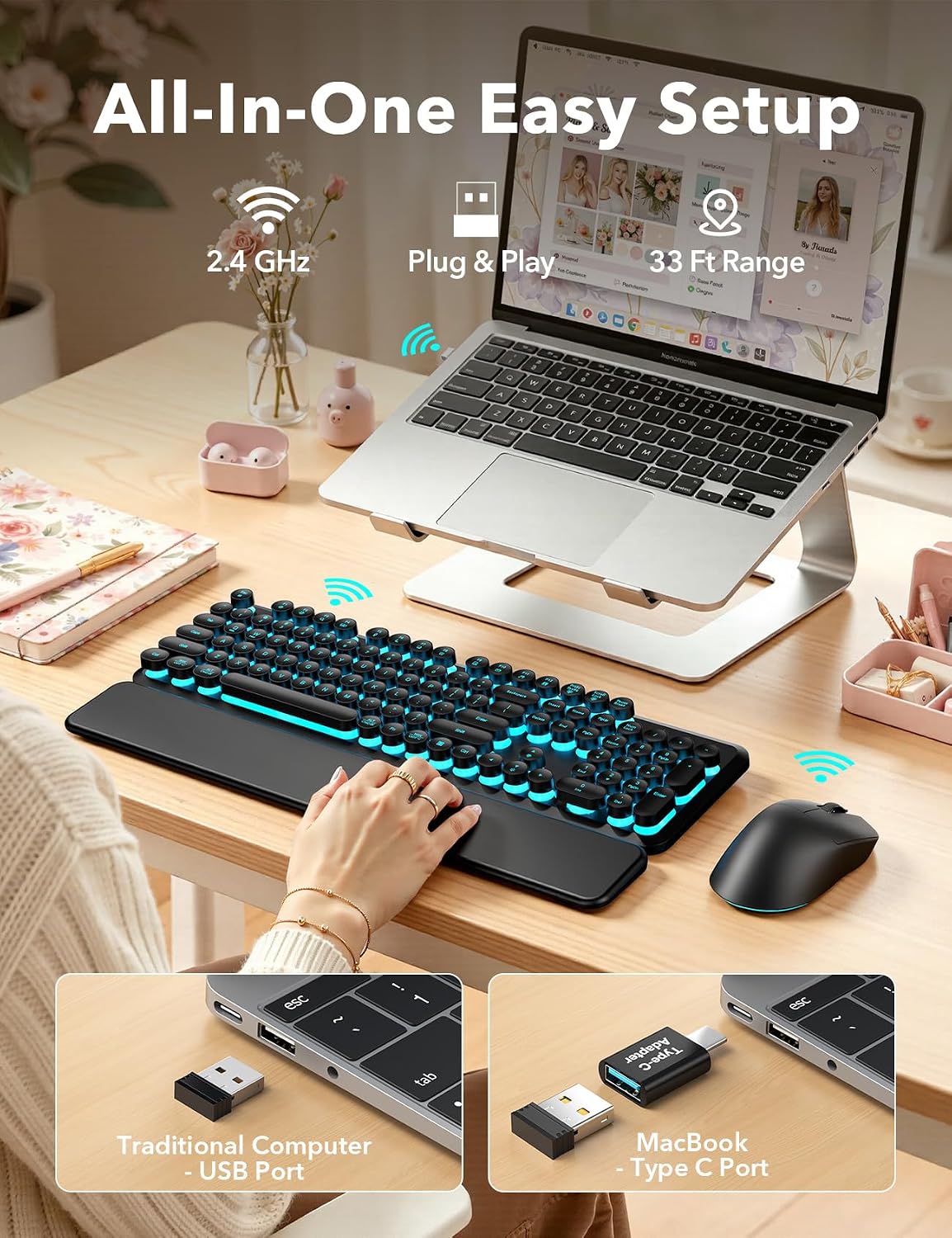 Wireless Keyboard and Mouse Backlit - Round Keycaps, Magnetic Wrist Rest