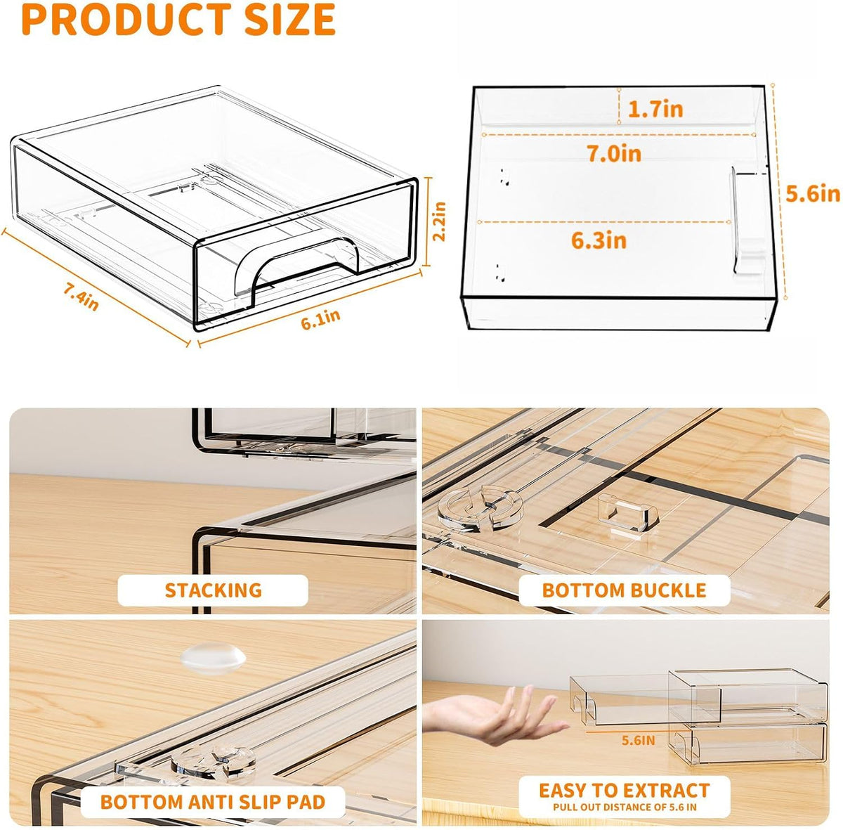 Yieach 8 Pack Small Clear Stackable Storage Drawers,2.2'' Tall Desk Organization and Storage,Plastic Office Supply Organizer,Acrylic Storage Containers for Makeup,Hair Clip,Accessory,Pen,Art Crafts