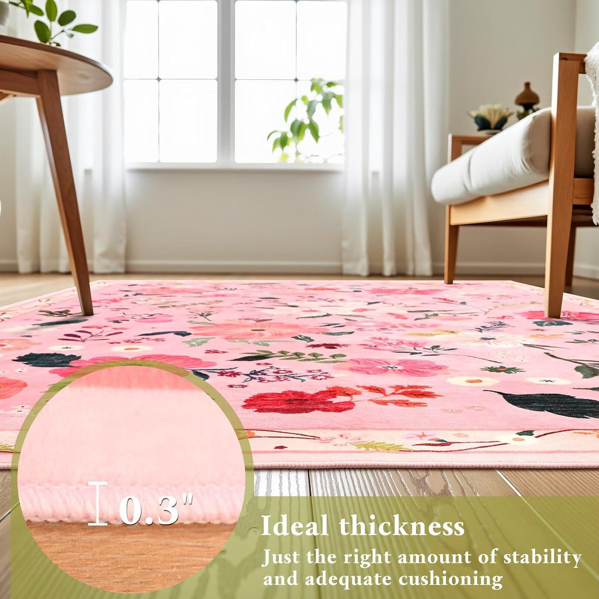 Macgace Floral Area Rug for Living Room, Machine Washable 5x7 Pink Rugs