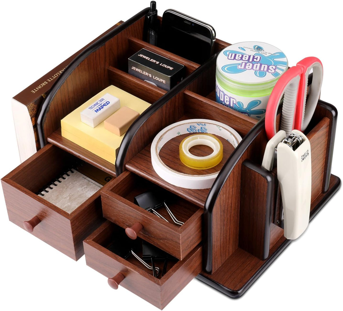 Flexzion Wooden Desk Organizer w/Drawers - Classic Wood Office Supplies Accessories Desktop Tabletop Sorter Shelf Rack Cherry Brown Pencil Holder Caddy Set with 3 Drawers, 3 Compartments & 2 Shelves
