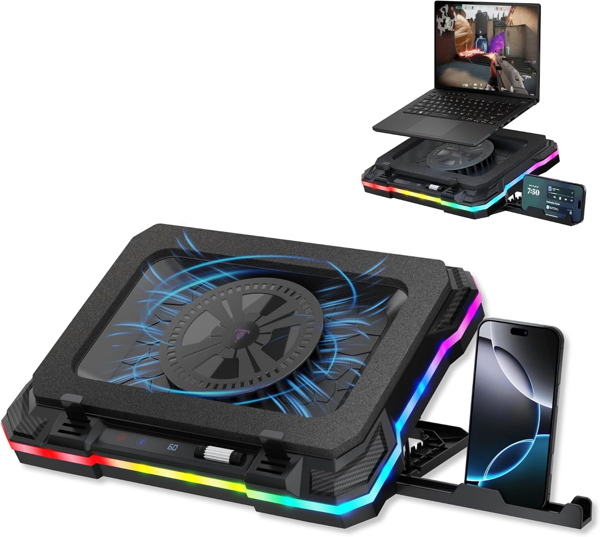 Tilted Nation Gaming Laptop Cooling Pad with USB Hub - Boost Performance, Stay Comfortable - RGB Laptop Cooler Stand with Adjustable Height & Fan Speed, RGB, USB (C + A) Hub, for 15.6" - 19" Laptops
