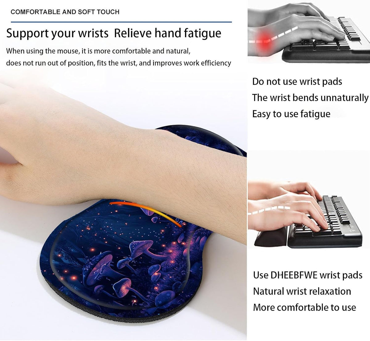 Keyboard Mouse Pad Set,Large Desk Pad+Keyboard Wrist Rest+Mouse Wrist Support+Coaster,Easy Typing Pain Relief Non-Slip Wrist Support Mousepad Set Home Office,Glowing Mushrooms