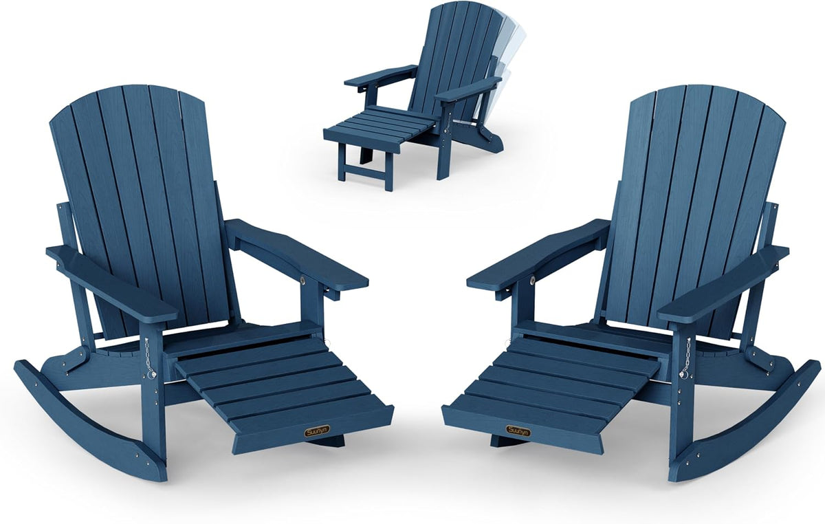 4-in-1 Rocking Adirondack Chair Set of 2, HDPE, Footrest, Navy Blue