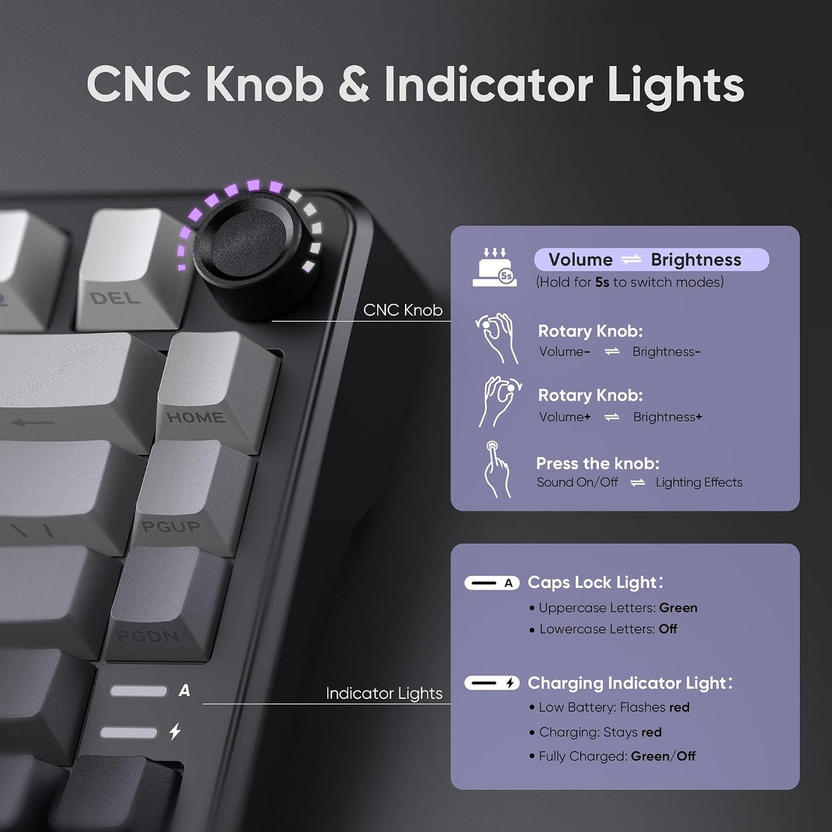 RedThunder K75 Wireless Mechanical Gaming Keyboard with Knob, 75% Layout Creamy Keyboard with Side RGB Light, Pre‑lubed Linear Switches, Side‑engraved PBT Keycaps, Wireless Wired BT 5.0, Gradient Gray