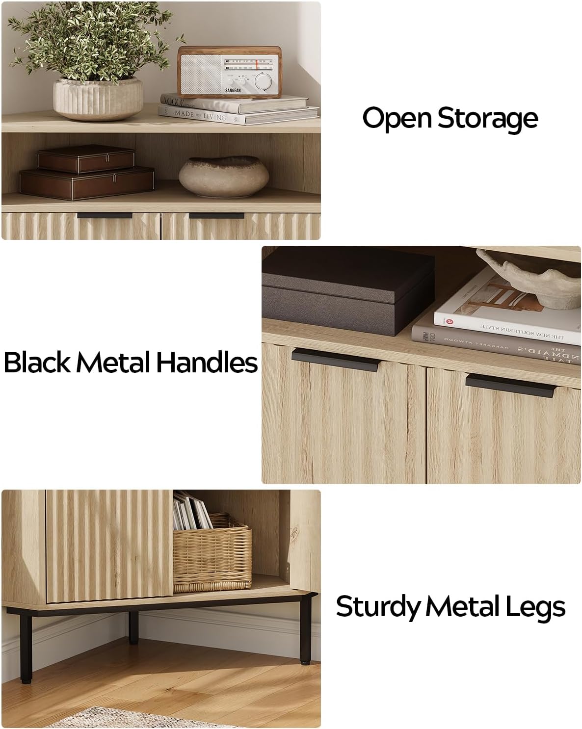 Fluted Corner Cabinet with Storage, Modern Floor Cabinets with Adjustable Shelf & Metal Legs Wooden Narrow Cabinet Organizer for Living Room Kitchen, Light Oak